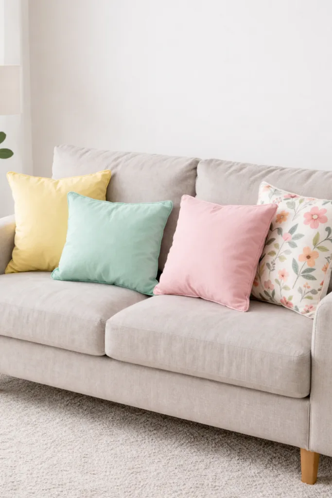 Beige Sofa mit Frühlingskissen in Pastellfarben als frische Wohnzimmerdeko