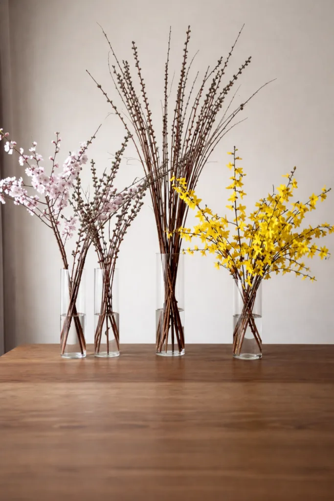 Vasen mit blühenden Zweigen als Frühlingsdeko im Wohnzimmer auf Holztisch