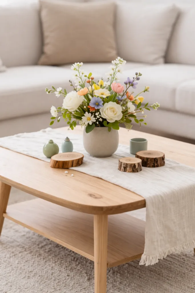 Frühlingsdeko fürs Wohnzimmer mit Blumenarrangement auf hellem Holztisch