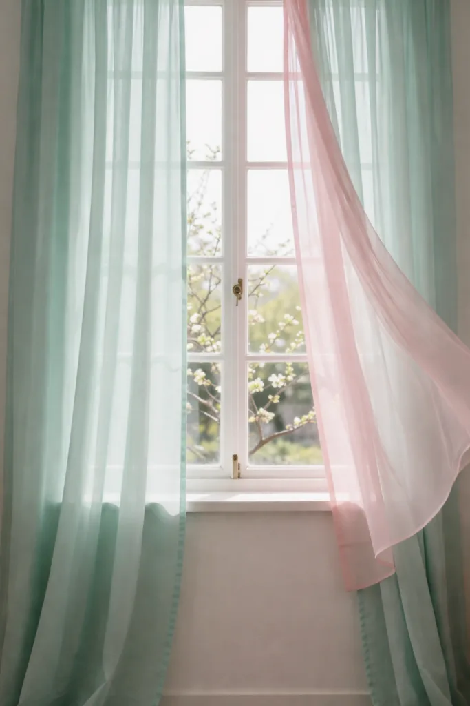 Mintgrüne und rosafarbene Vorhänge am Fenster als Frühlingsdeko fürs Wohnzimmer