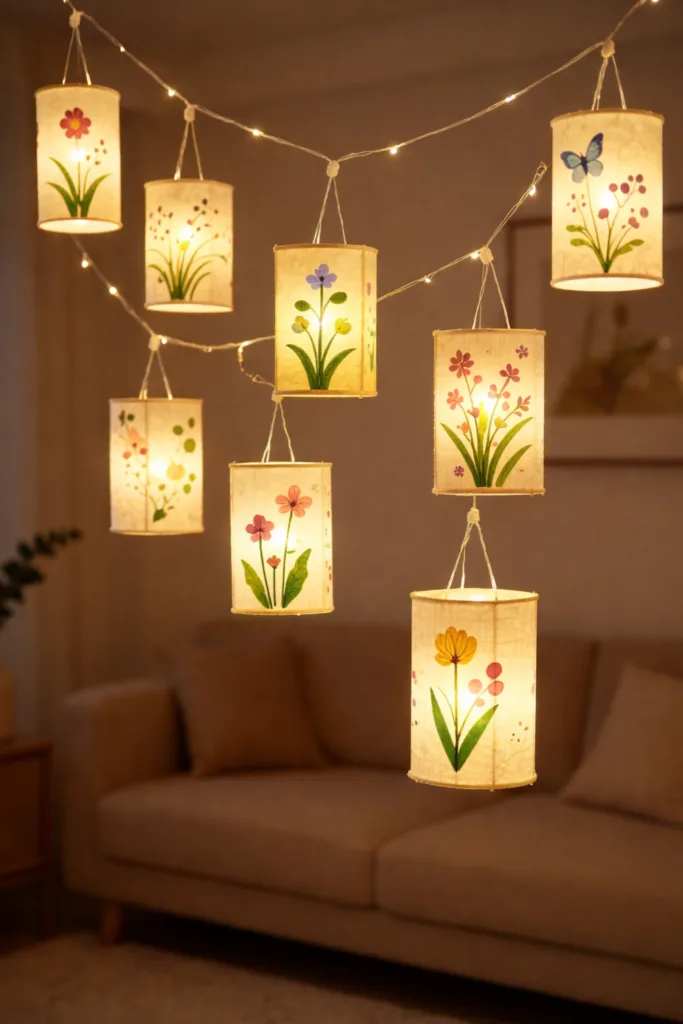 Hängende Papierlampen mit Blumenmotiven als stimmungsvolle Frühlingsdeko im Wohnzimmer