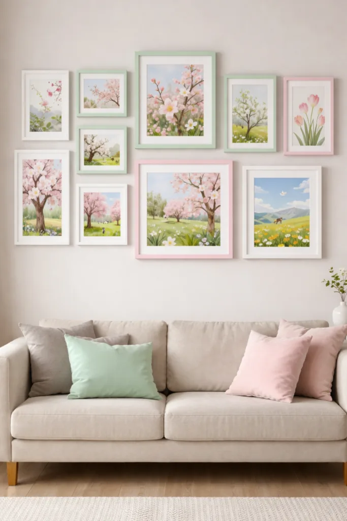 Frühlingsdeko fürs Wohnzimmer mit pastellfarbenen Bildern und hellen Sofakissen
