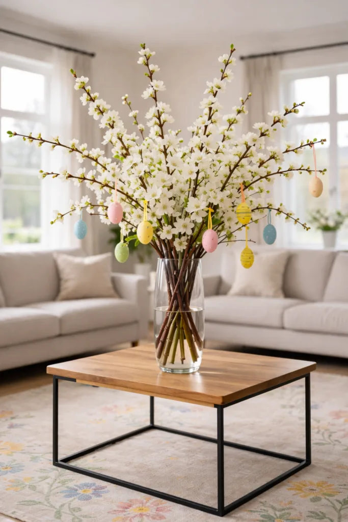 Osterdeko im Wohnzimmer mit blühenden Zweigen und bunten Ostereiern in Vase