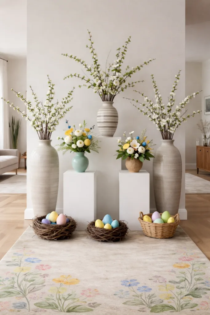 Große Wohnzimmer mit eleganter Osterdeko, weißen Blütenzweigen und bunten Ostereiern