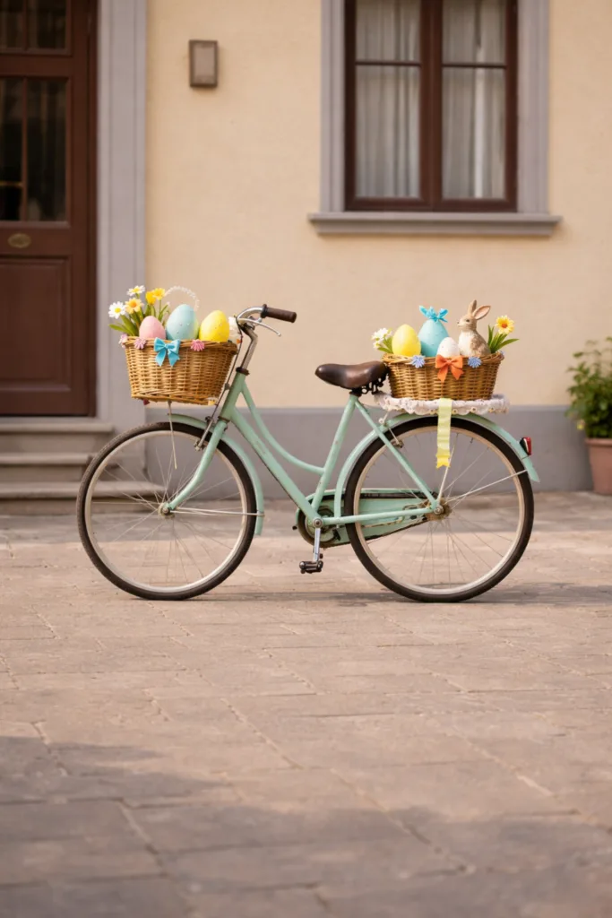 Ostern Fahrrad Deko mit vintage Fahrrad, Osterkörben, Eiern und Blumen vor Hauseingang im Frühling