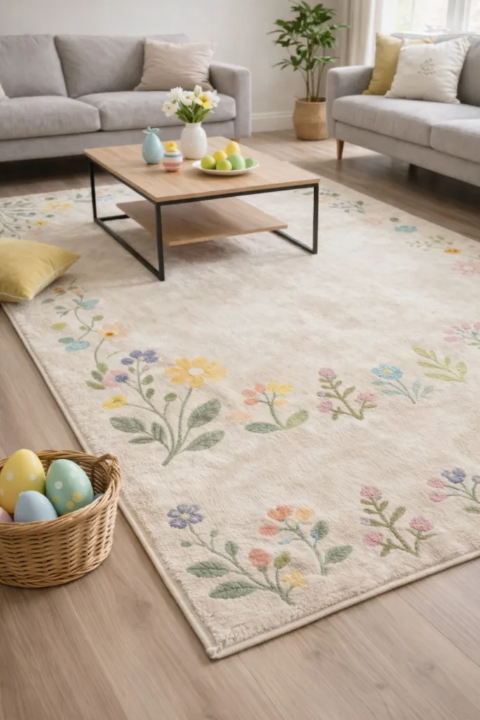 Großes Wohnzimmer mit Osterdeko, Blumen-Teppich und Körben voller bunter Eier