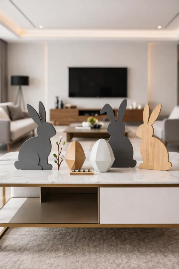 Holzhasen und geometrische Eier als stilvolle Osterdeko im großen Wohnzimmer