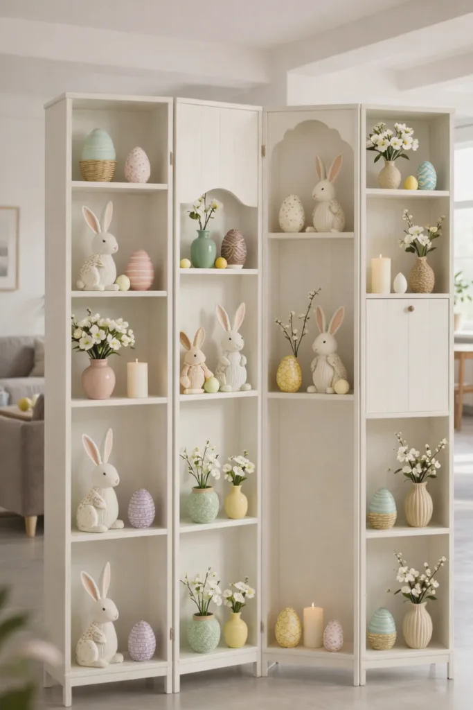 Helles Wohnzimmer mit Regal, Osterhasen, Blumen und Eiern als stilvolle Osterdeko