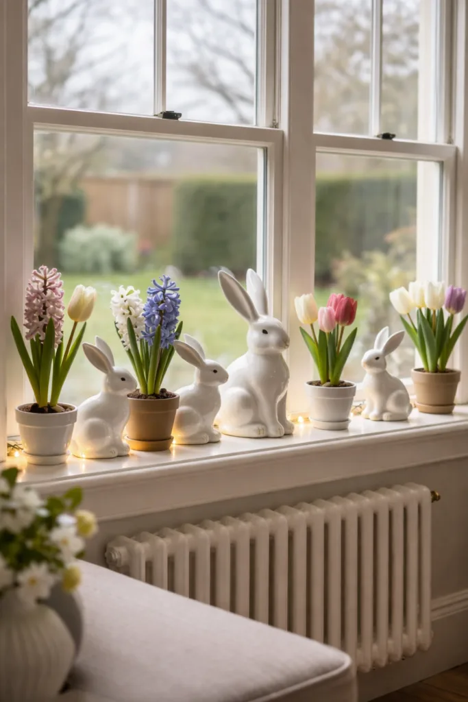 Osterdeko für große Wohnzimmer mit weißen Hasen und bunten Frühblühern auf der Fensterbank