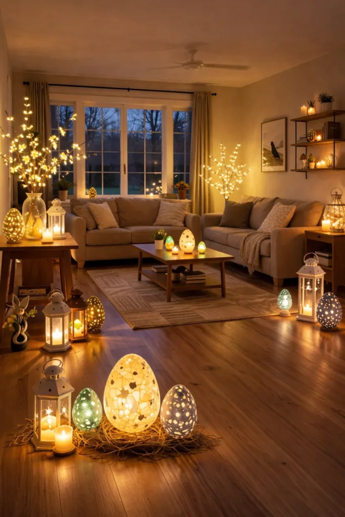 Gemütliche Osterdeko im großen Wohnzimmer mit leuchtenden Eiern und warmem Licht