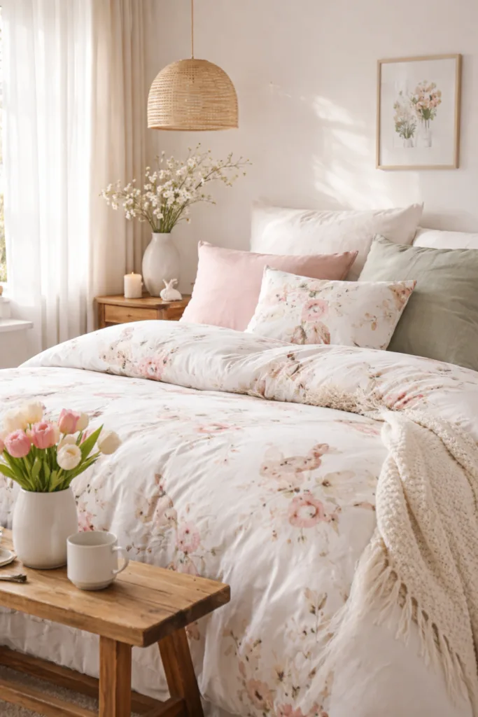 Helles Schlafzimmer mit pastellfarbener Bettwäsche und natürlicher Osterdeko