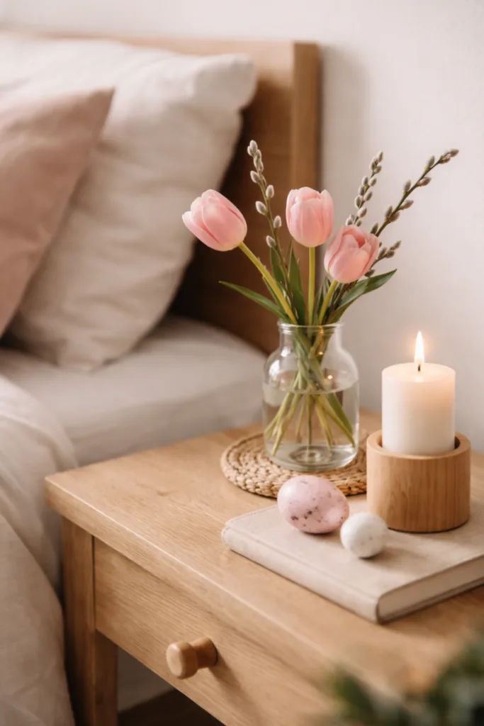 Nachttisch mit Tulpen, Kerze und Ostereiern als natürliche Osterdeko im Schlafzimmer