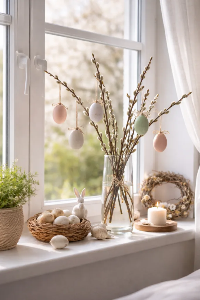 Osterdeko im Schlafzimmer mit Glasanhängern, Weidenzweigen und sanftem Frühlingslicht