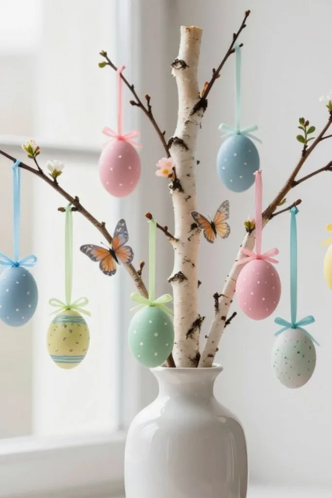 Ostern in sanften Farben: So wird dein Zuhause wirklich gemütlich Ostern gemütlich dekorieren mit sanften Pastellfarben am Osterzweig im Wohnraum