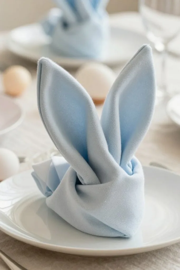 Ostern in sanften Farben: So wird dein Zuhause wirklich gemütlich Ostern gemütlich dekorieren mit gefalteter Hasen Serviette in Pastellblau auf gedecktem Tisch