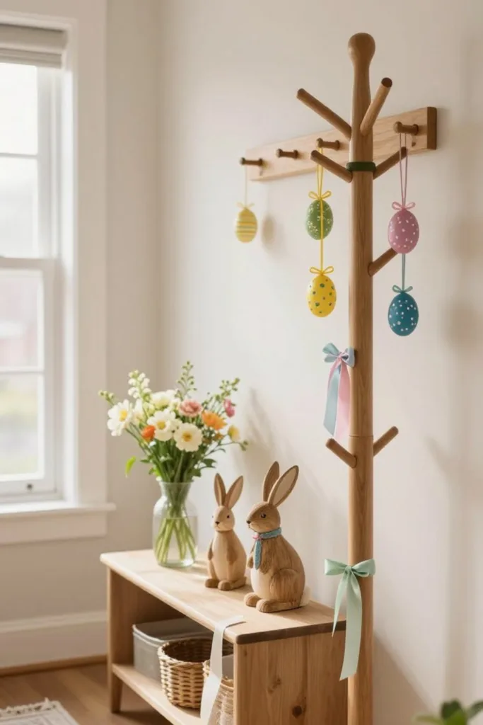 Osterdeko für die Garderobe: So dekorierst du schön und alltagstauglich Osterdeko für die Garderobe mit schlichten Holzhasen auf Konsole dekoriert