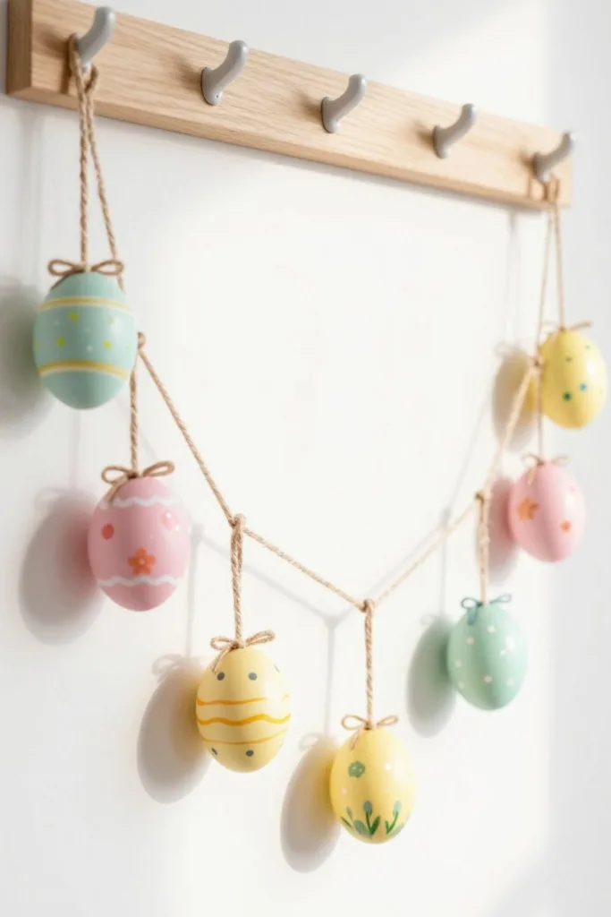 Osterdeko für die Garderobe: So dekorierst du schön und alltagstauglich Osterdeko für die Garderobe mit pastellfarbenen Ostereiern als Girlande