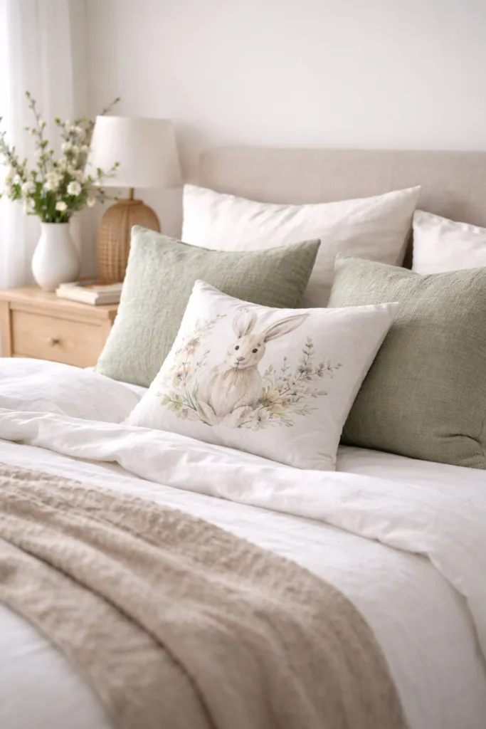 Osterdeko fürs Bett: 6 schöne Ideen für mehr Frische Osterdeko für das Bett mit gestaffelten Kissen in Salbeigrün und Hasenmotiv im Schlafzimmer