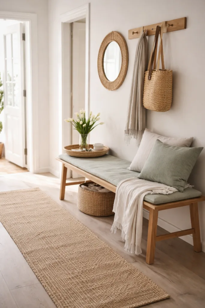 So frischt du deinen Flur im März auf ohne alles neu zu kaufen Flur Deko im März mit hellem Teppich, Leinenkissen und natürlicher Holzbank im Eingangsbereich