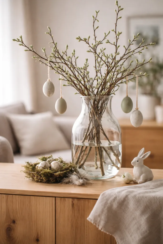 Naturmaterialien als ruhige Basis für Osterdeko im Wohnzimmer mit Zweigen in Glasvase und natürlichen Eiern