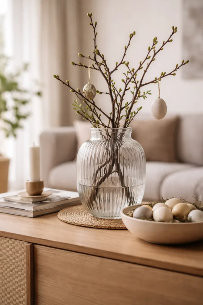 Bestehende Deko neu inszenieren statt Neues zu kaufen mit Vase und Zweigen auf Sideboard