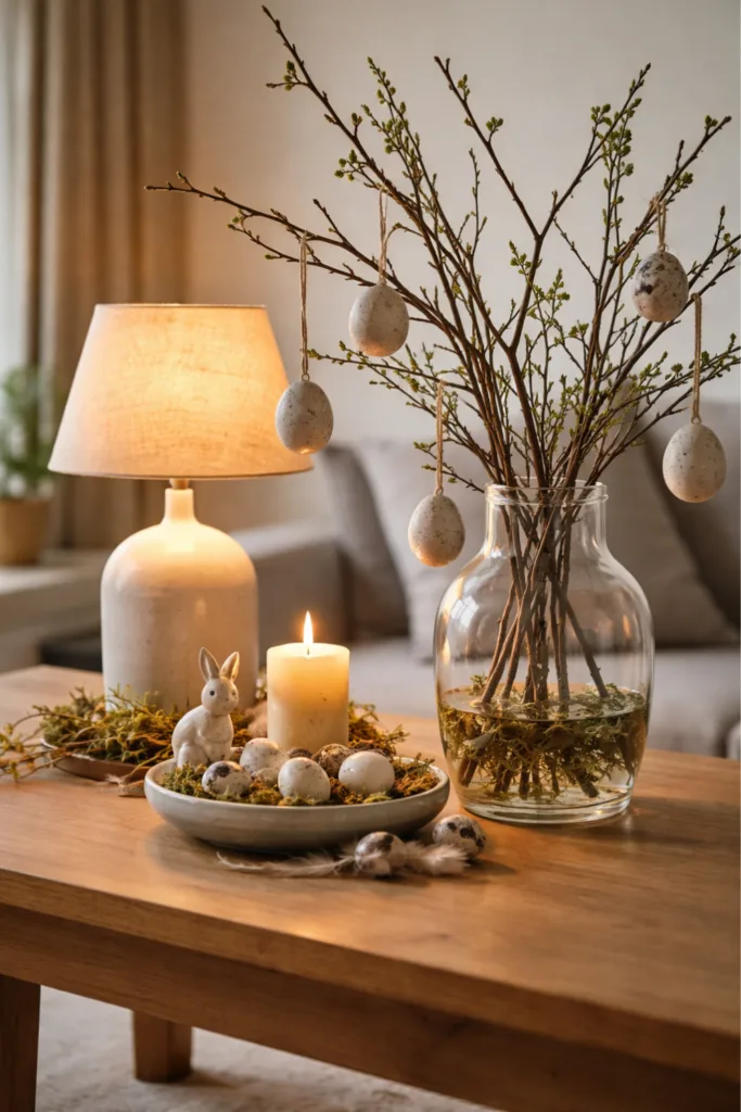 Mit Licht Atmosphäre schaffen im Wohnzimmer mit Osterdeko, warmes Licht und natürliche Materialien