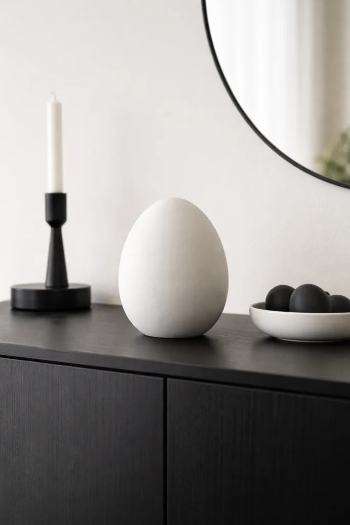 Minimalistische Osterdeko auf dem Sideboard in Schwarz Weiß mit großem weißen Ei und schwarzen Akzenten