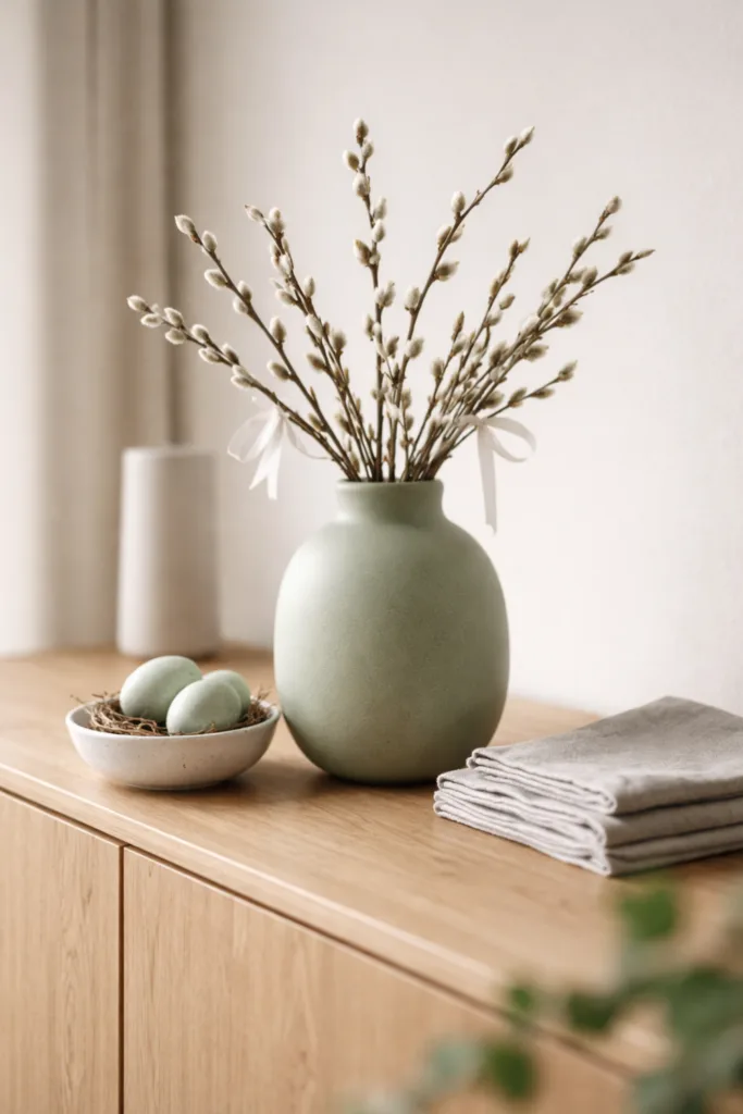 Minimalistische Osterdeko auf dem Sideboard mit salbeigrüner Vase und dezenten Eiern