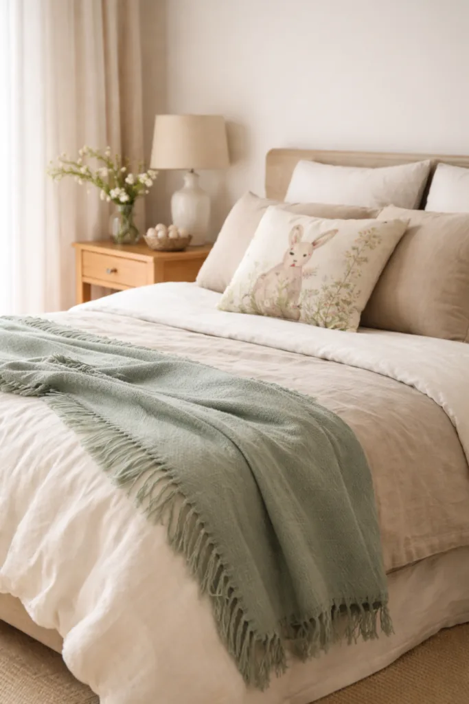 Osterdeko fürs Bett: 6 schöne Ideen für mehr Frische Osterdeko für das Bett mit Plaid in Salbeigrün und heller Bettwäsche im Schlafzimmer