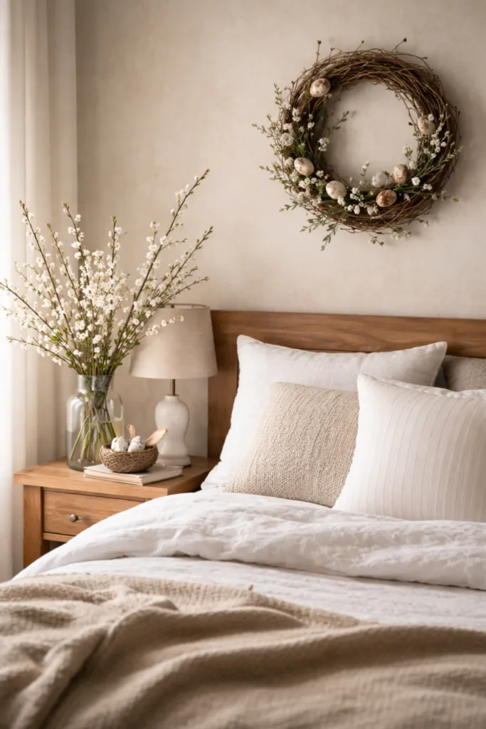 Osterdeko fürs Bett: 6 schöne Ideen für mehr Frische Osterdeko für das Bett mit Weidenkranz, Frühlingszweigen und natürlicher Schlafzimmergestaltung