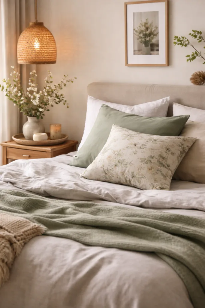 Osterdeko fürs Bett: 6 schöne Ideen für mehr Frische Osterdeko für das Bett in Salbeigrün und Naturtönen mit stimmigem Farbkonzept im Schlafzimmer