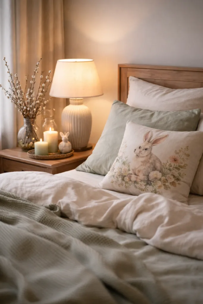 Osterdeko fürs Bett: 6 schöne Ideen für mehr Frische Osterdeko für das Bett mit Kissen, Plaid und warmem Licht im Schlafzimmer