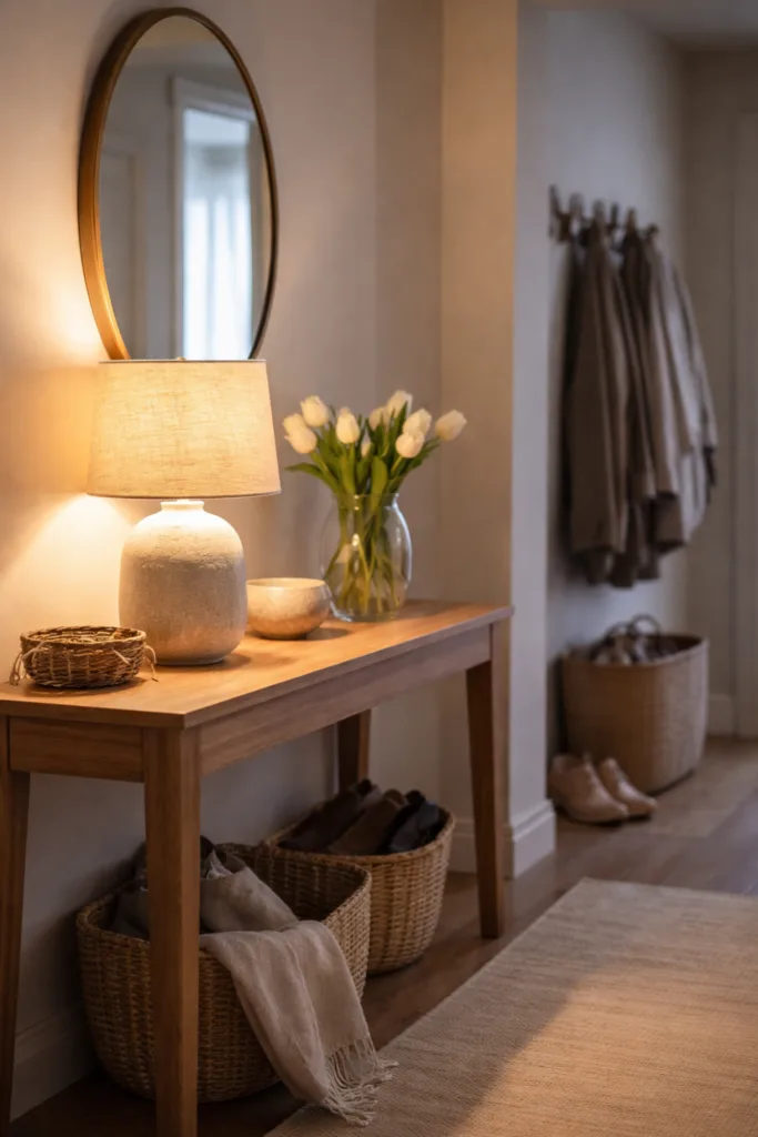 So frischt du deinen Flur im März auf ohne alles neu zu kaufen Flur Deko im März mit warmer Tischleuchte, Konsole und natürlicher Beleuchtung im Eingangsbereich