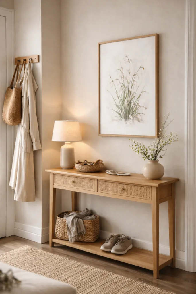 So frischt du deinen Flur im März auf ohne alles neu zu kaufen Flur Deko im März mit botanischem Bild und heller Wandgestaltung im Eingangsbereich