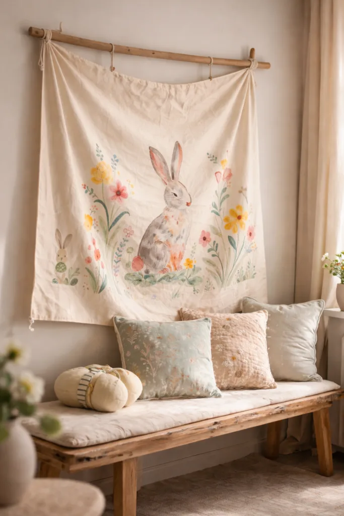 Osterdeko Wand mit Stoffbanner, Hasenmotiv und Blumen in natürlichen Farben für eine gemütliche Frühlingsdeko
