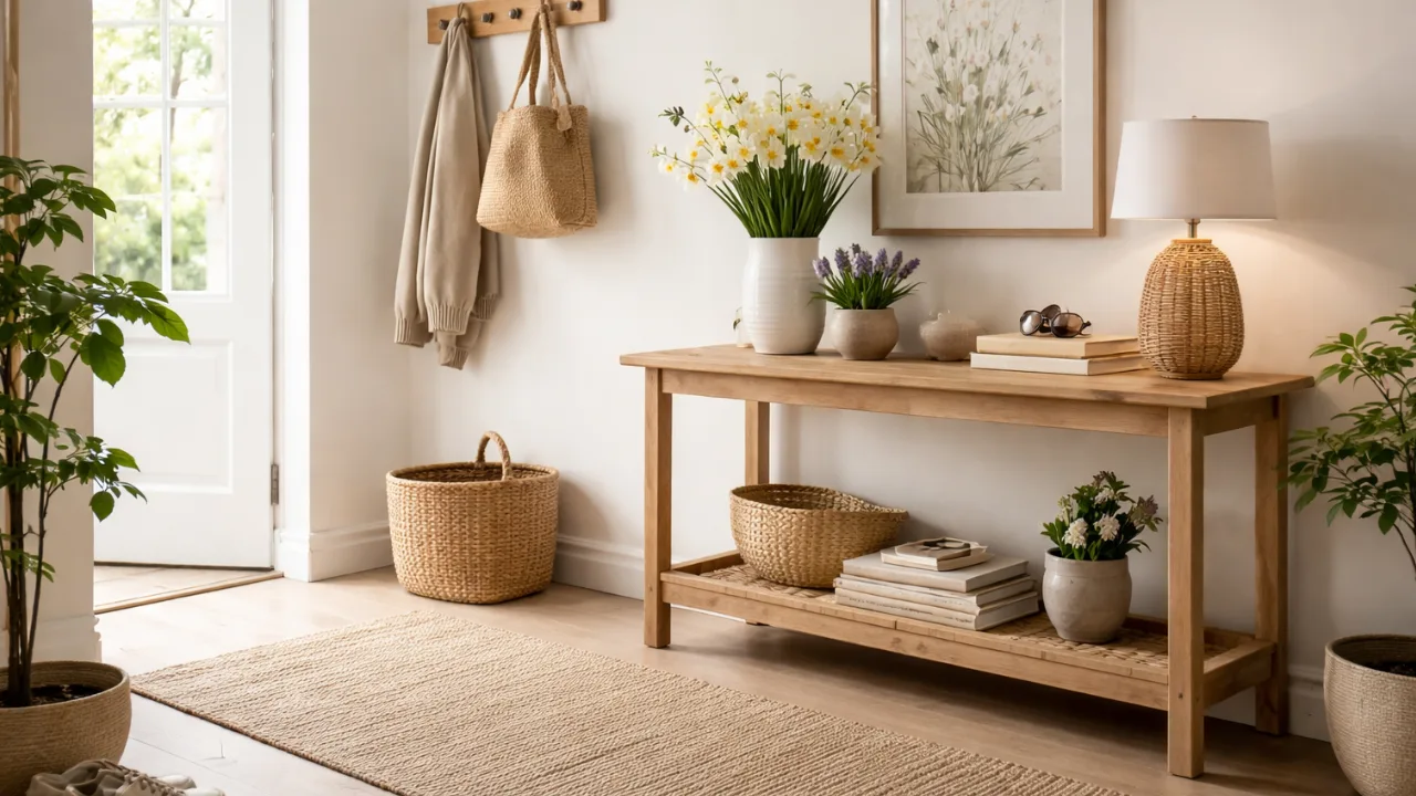 Flur Deko im März mit Holzkonsole, Frühblühern und hellem Teppich im natürlichen Tageslicht