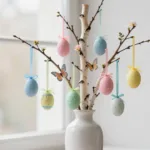 Ostern gemütlich dekorieren mit Pastell Ostereiern am Osterzweig in heller Vase am Fenster