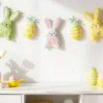 Bunte Hasen Girlande als verspielte Osterdeko für die Anrichte mit Eiern und Vase