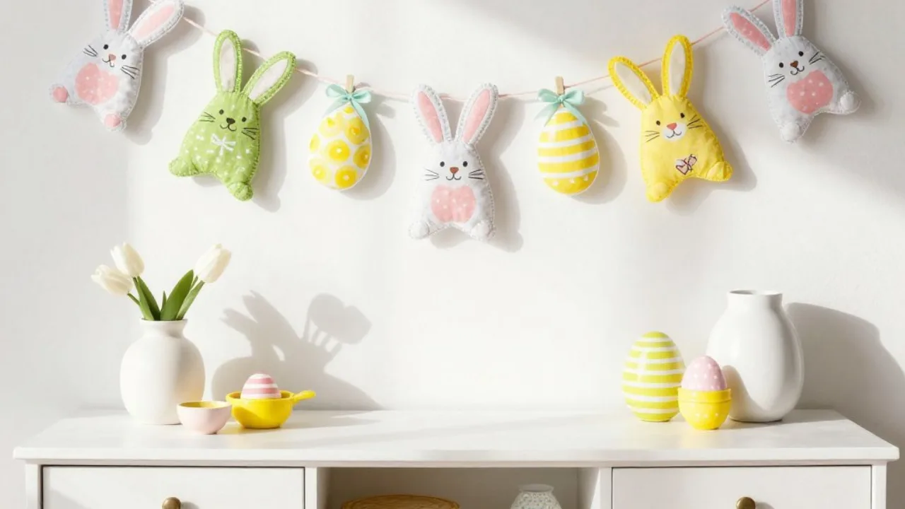 Bunte Hasen Girlande als verspielte Osterdeko für die Anrichte mit Eiern und Vase