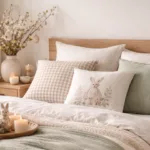 Osterdeko für das Bett mit Kissen, Plaid und Naturzweigen im hellen Schlafzimmer