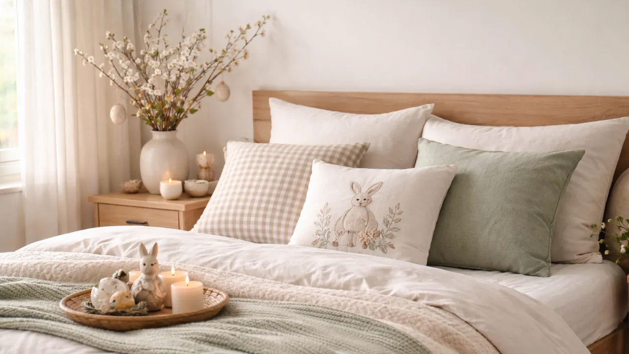 Osterdeko für das Bett mit Kissen, Plaid und Naturzweigen im hellen Schlafzimmer