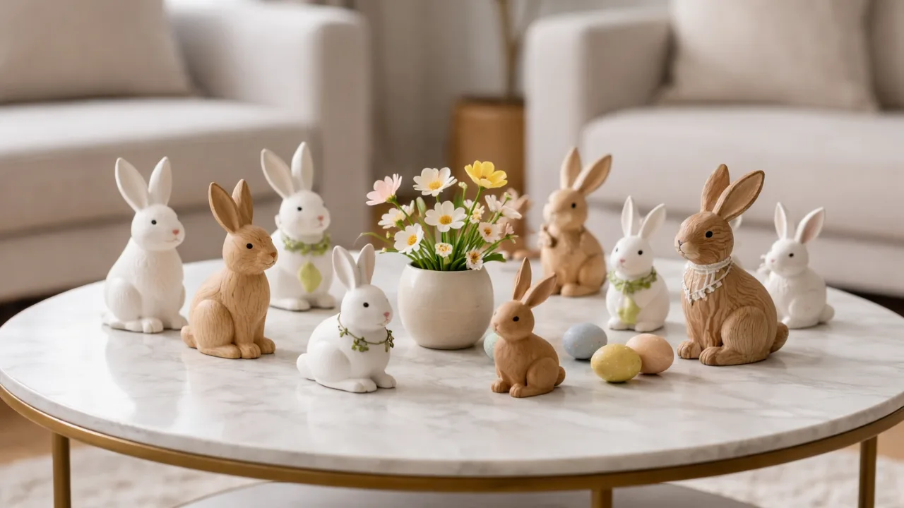 Osterdeko für den Couchtisch – 6 Ideen, die du lieben wirst Natürliche Osterdeko mit Holzhasen und Blumen auf einem Couchtisch im Wohnzimmer