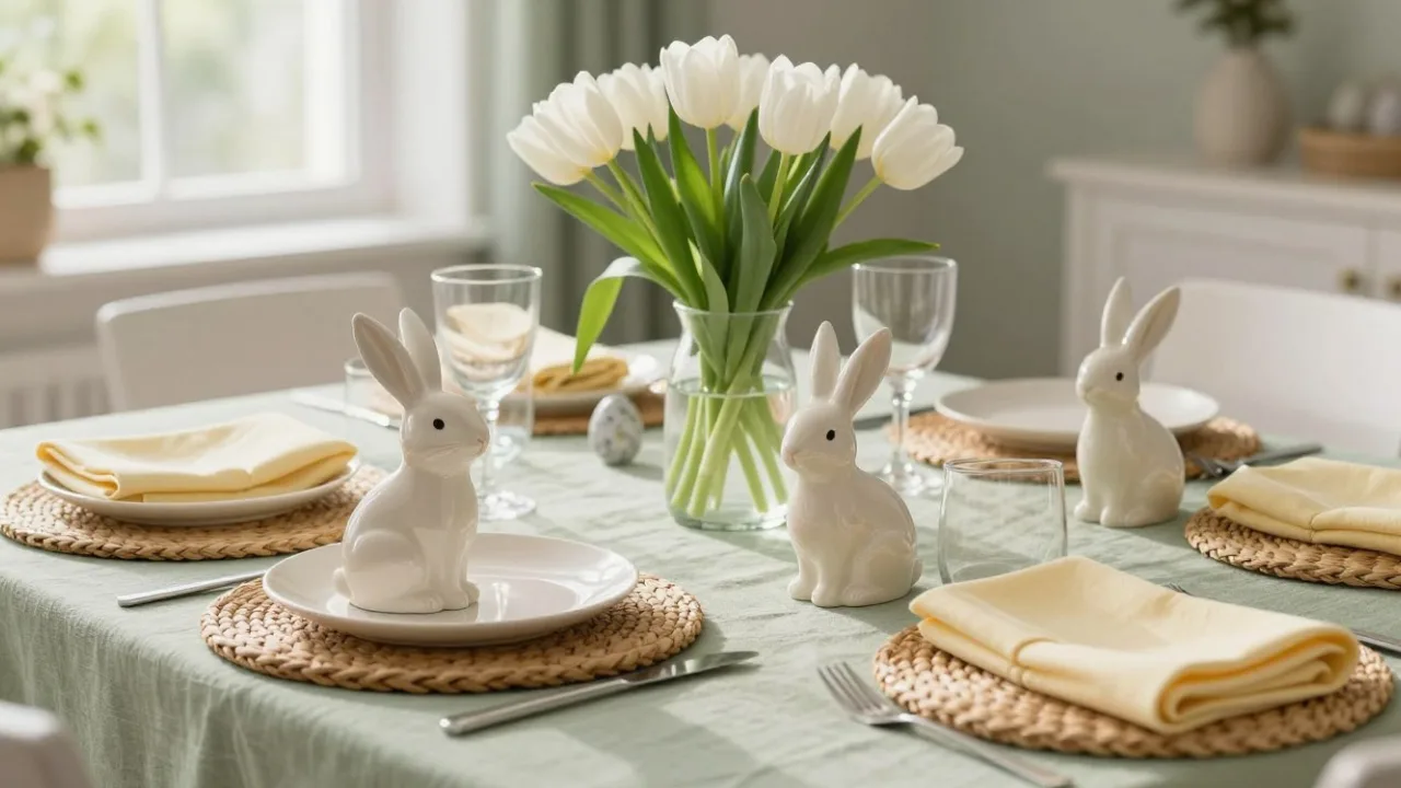 Stimmungsvolle Osterdeko für den Esstisch mit natürlichen Materialien und Pastellfarben