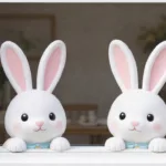 Osterhasen im Fenster als frühlingshafte Osterdeko, zwei weiße Hasenfiguren am Fensterrahmen