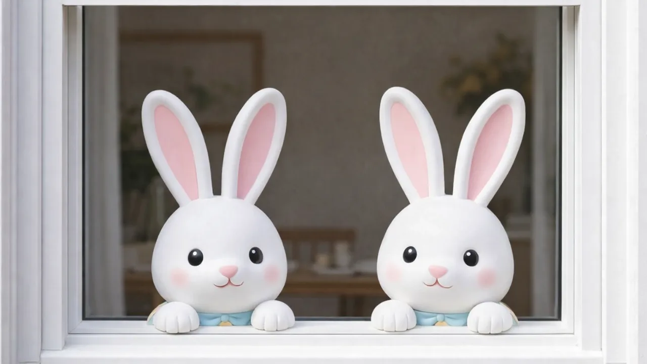 Osterhasen im Fenster als frühlingshafte Osterdeko, zwei weiße Hasenfiguren am Fensterrahmen