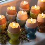 Brennende Eierkerzen in bunten Eierbechern als Osterdeko auf der Fensterbank