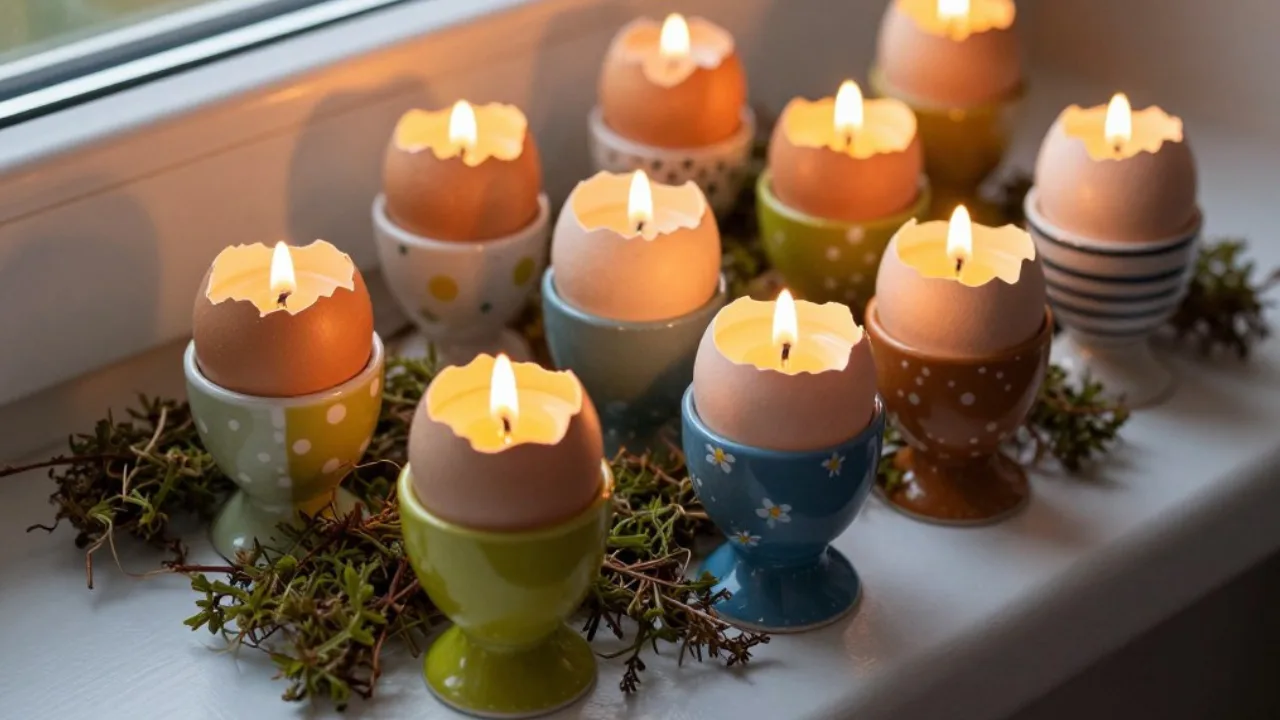 Fensterbank zu Ostern dekorieren – 7 wunderschöne Dekoideen Brennende Eierkerzen in bunten Eierbechern als Osterdeko auf der Fensterbank