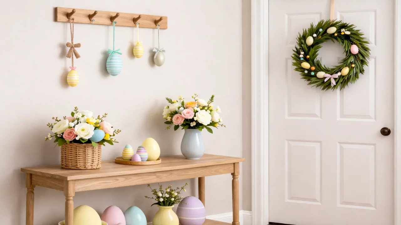 Osterdeko für die Garderobe mit Hakenleiste, Konsole, Blumen und pastellfarbenen Eiern im Flur