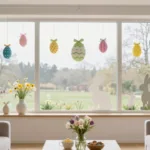 Osterdeko für große Fenster mit bunten Ostereiern, Hasenfiguren und Frühlingsblumen am Wohnzimmerfenster