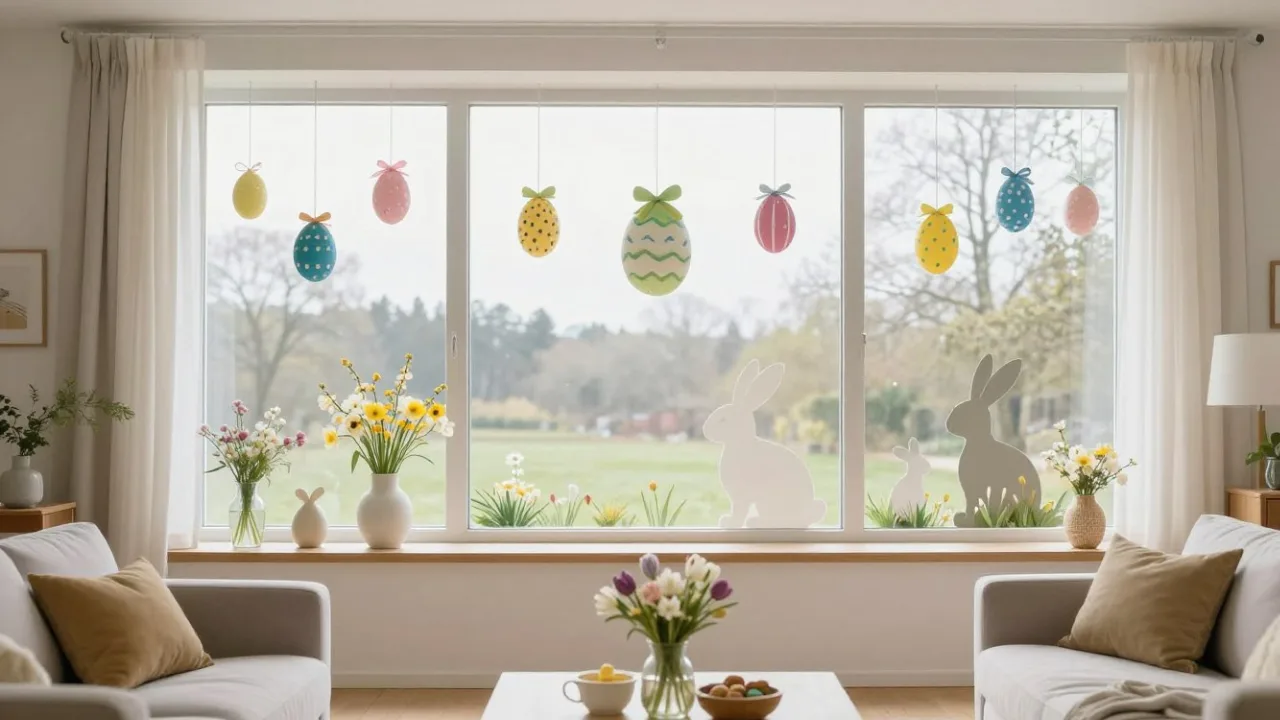 Osterdeko für große Fenster mit bunten Ostereiern, Hasenfiguren und Frühlingsblumen am Wohnzimmerfenster